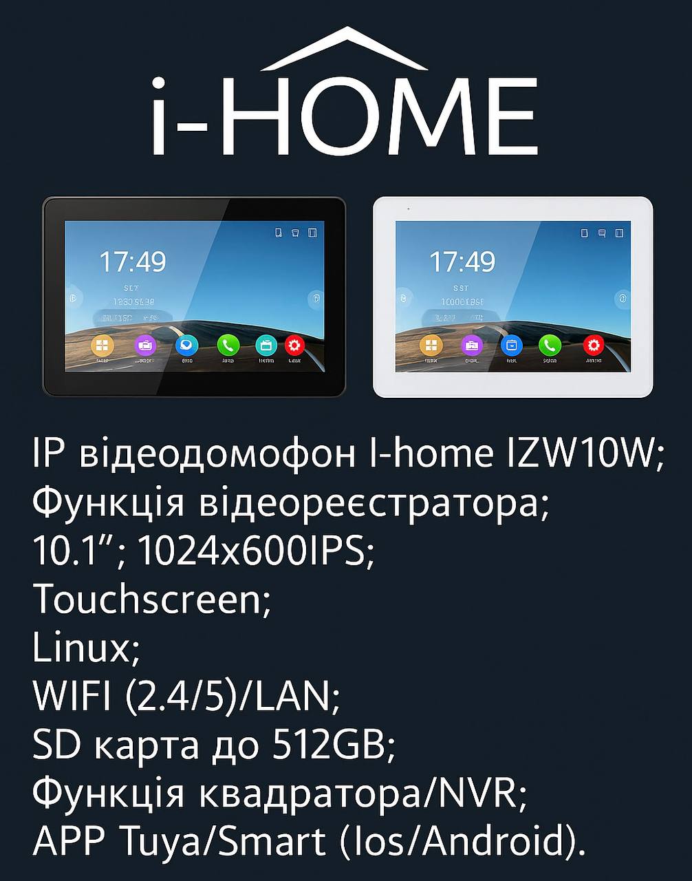 Монітор i-Home IZW10W 10.1 дюйма — Tuya, ONVIF, Wi-Fi