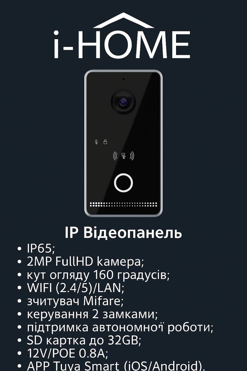 Панель i-Home IZP07SDW Black — одноабонентська, Tuya, 2 МП, IP65